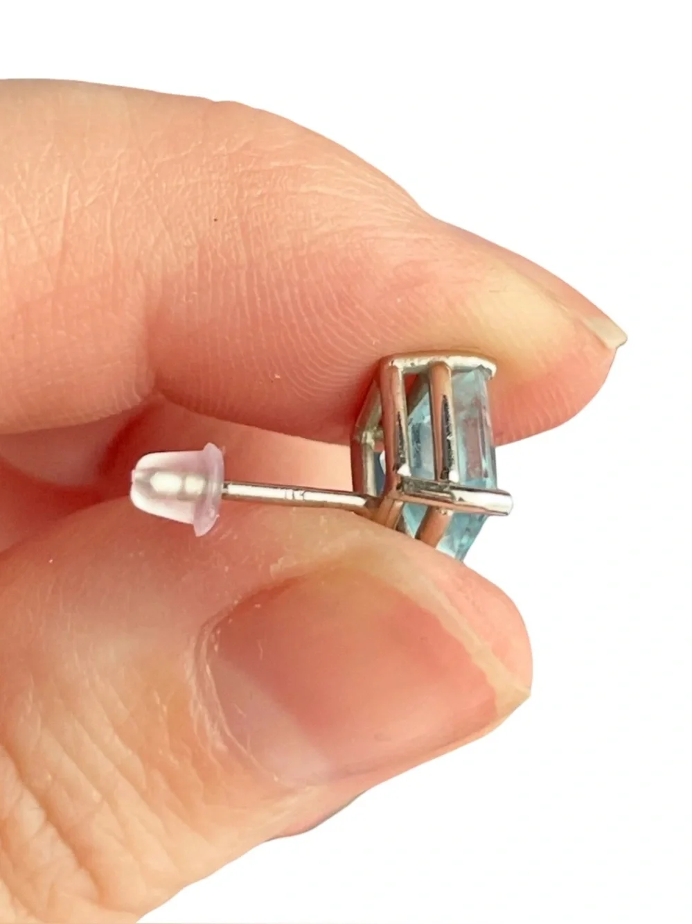 14K White Gold Blue Gemstone Emerald Cut Stud Earrings Pendant 3 pc Jewelry Set